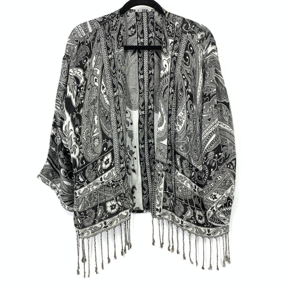 Patterns Bay Womens Black White Jacquard Paisley Fringe Kimono Cardigan Shawl OS